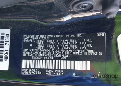 2008 Toyota Tundra Limited 5.7L V8 from USA, damaged, VIN 5TBDV58118S518505